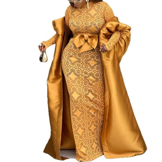 African plus size elegant banquet two-piece set: satin bubble sleeve outer robe with semi-high neck lace see-through maxi skirt outfit