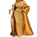 African plus size elegant banquet two-piece set: satin bubble sleeve outer robe with semi-high neck lace see-through maxi skirt outfit