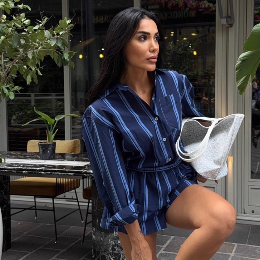 Cross-border European and American suits women's long-sleeved lapel cardigan shirt shorts  new women's clothing foreign style striped two-piece set