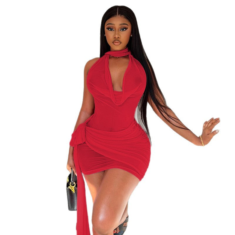 Fashion style cross-border silm women's pure color strap sexyloose hip skirt swing collar halter pleated short dress