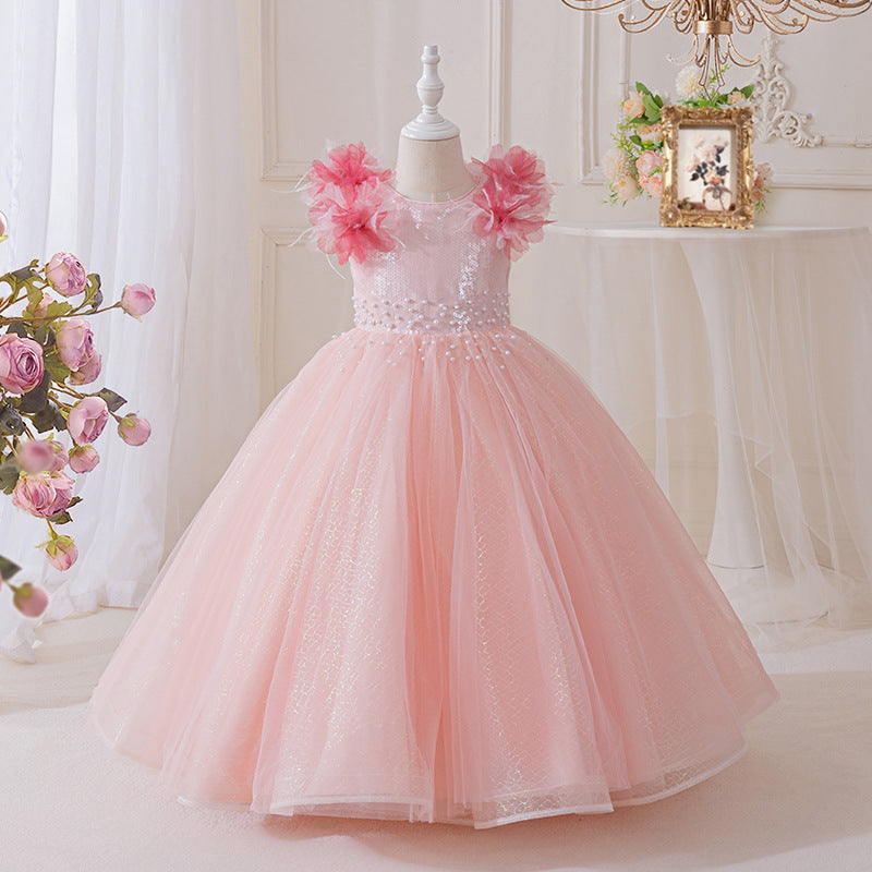 Girls' dresses  new collection: beaded birthday, piano recital, flower girl, runway performance, mesh princess dress for girls (sizes for mid-to-large children)