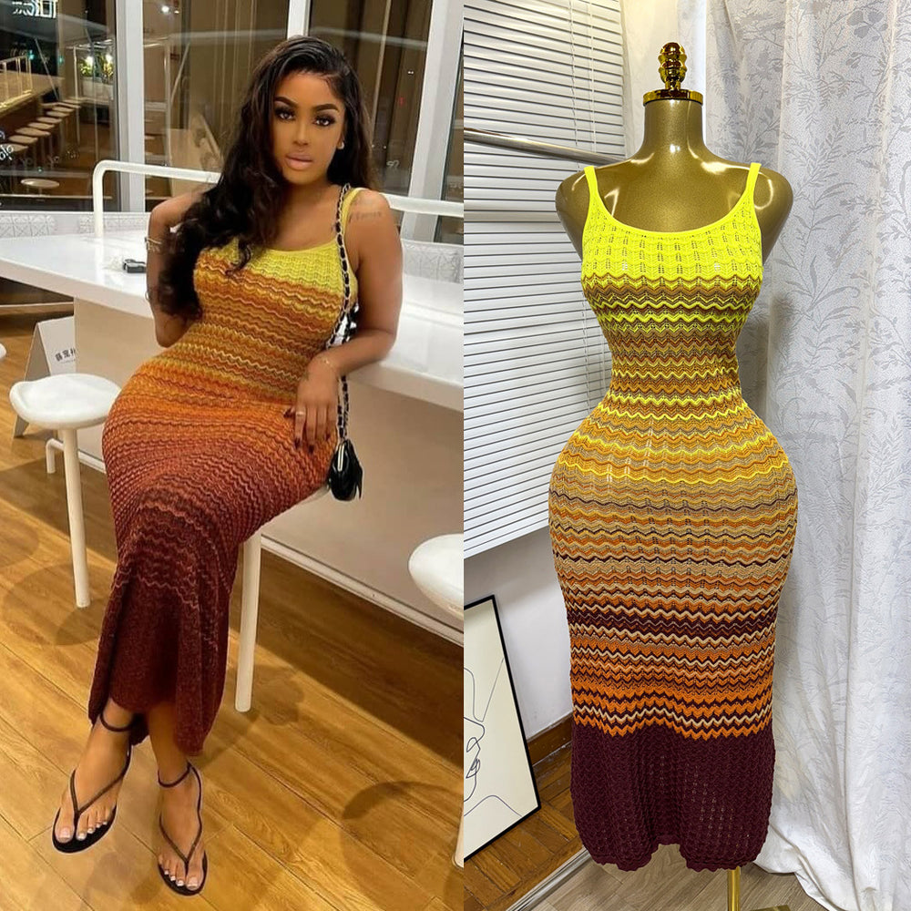 Sling knittingdress women's  summer korean chic retro gradient color wave pattern silm hip covering long skirt