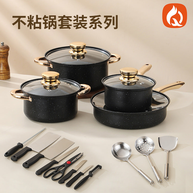 medical stone non-stick pan suit8pcsfor home frying pan milk pot soup pot combination pot cookware set
