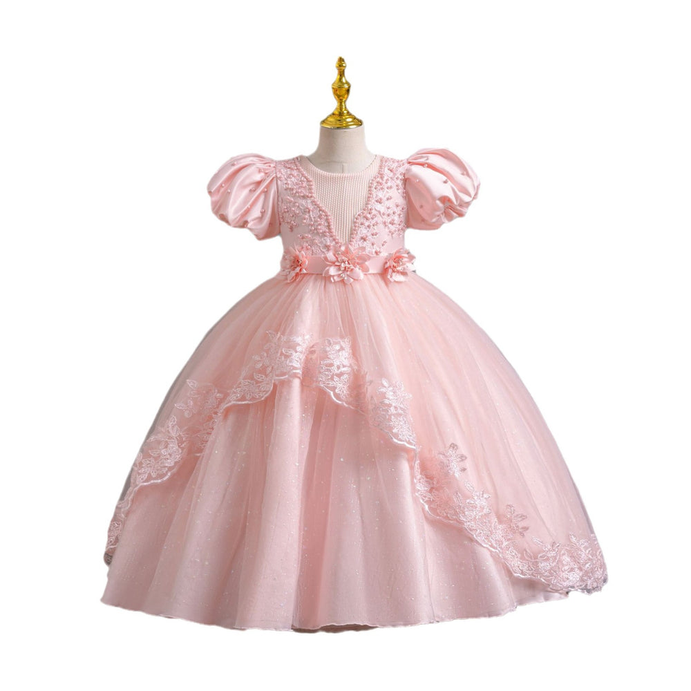 Ready-to-ship wholesale princess dresses with puff sleeves and lace detailing, perfect for children's formal wear, birthdays, piano recitals, and performances. kids' dresses