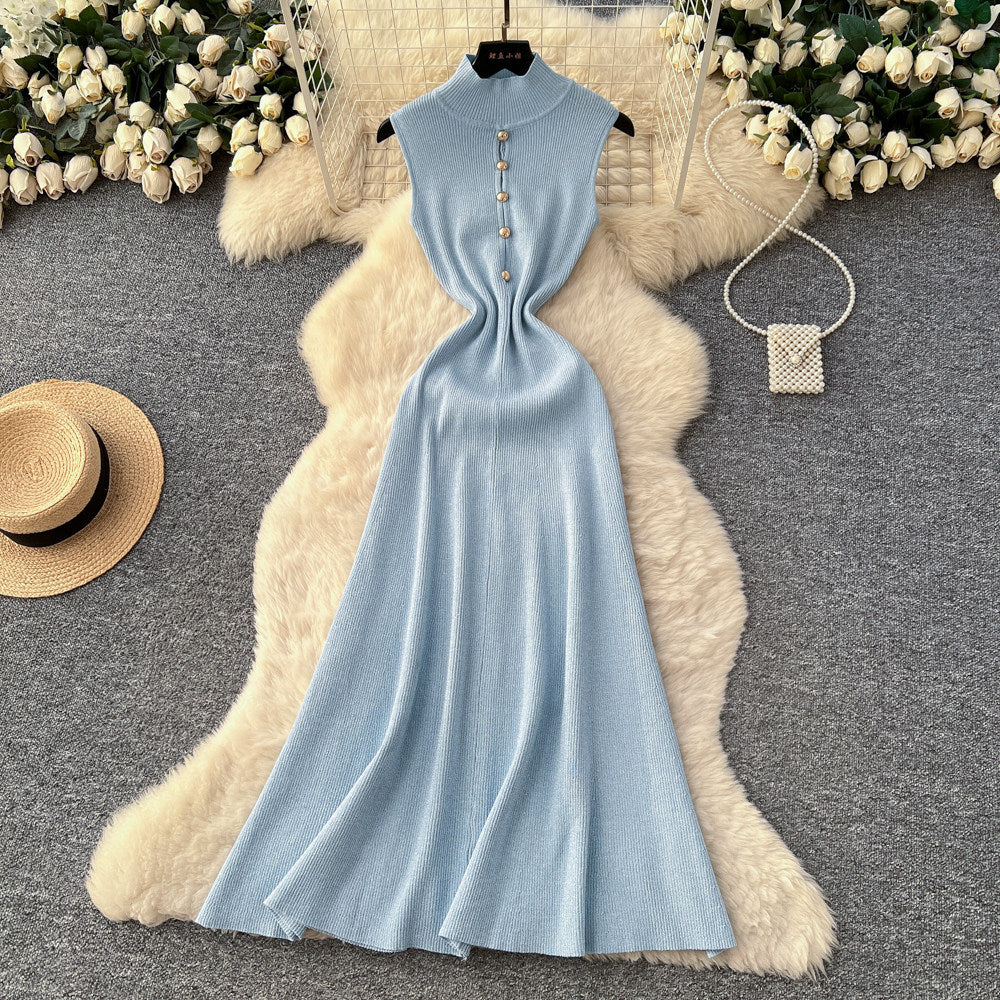 Classysense normcore style elegantcut out metal button half turtle collar dress women's fall and winterelegance bottom knitting long skirt