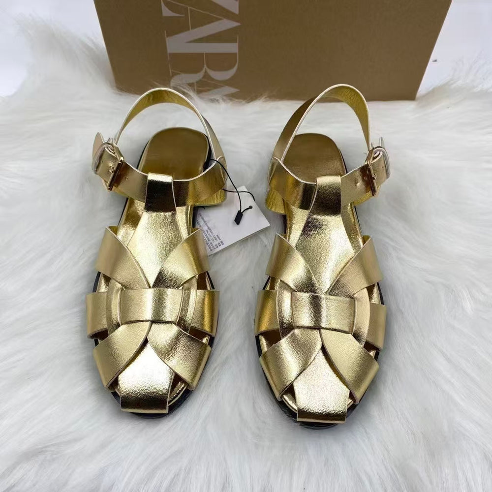 Za2025 spain 2025 big toe sandals women's summer wide fat feet export soft low pure bag heel first layer cowhide
