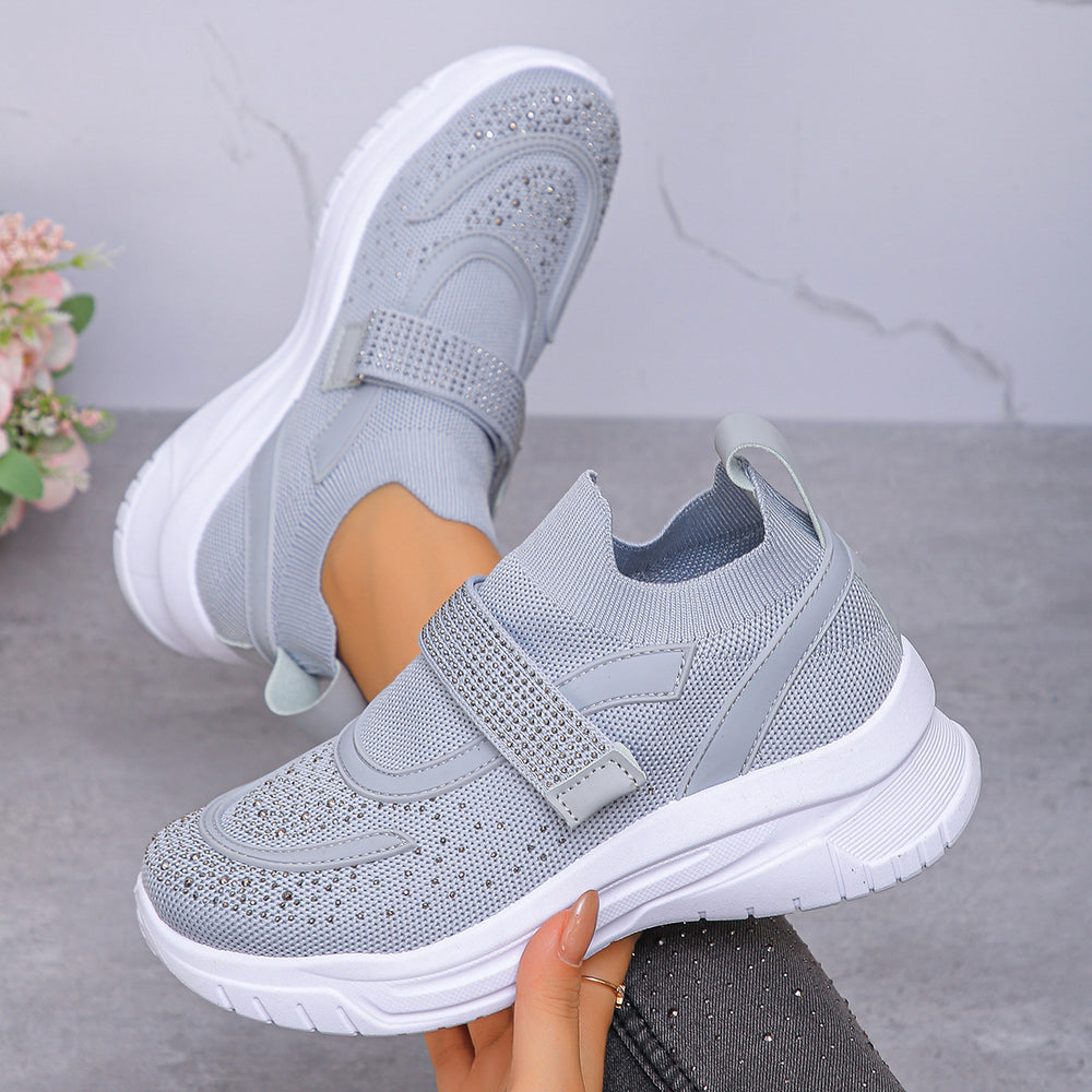 Exportplus sizespring & fallnew arrivalfashion rhinestone deep mouth thick sole breathable beaded velcro fly woven sports casual shoes