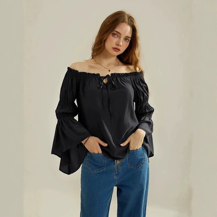 fashion renaissance shirt off-shoulder bell sleeves rufflescasualloose one-shoulder tops