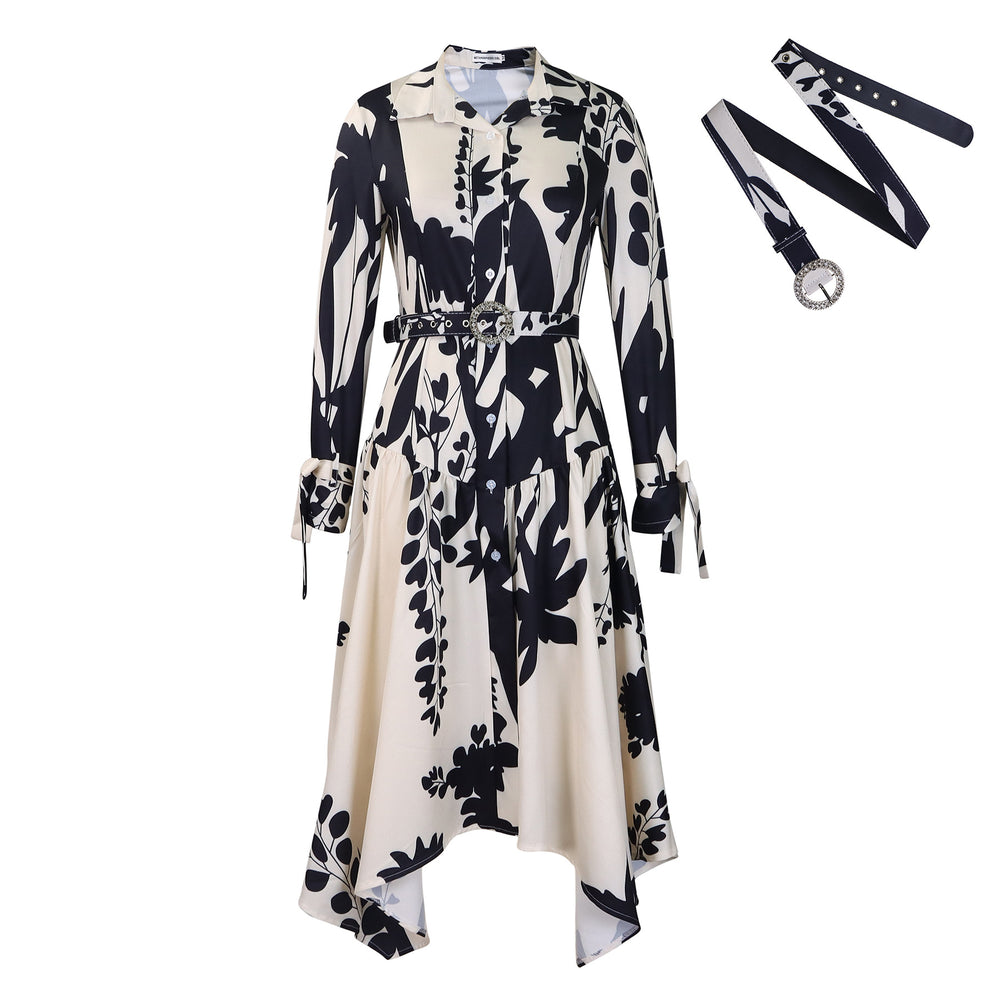 European and american export women's summer new fashionable elegant printed turn-down collar long sleeve irregular skirt printed european and american dress