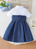 new european and american style cross-border girls' chic dress - denim patchwork solid color dress