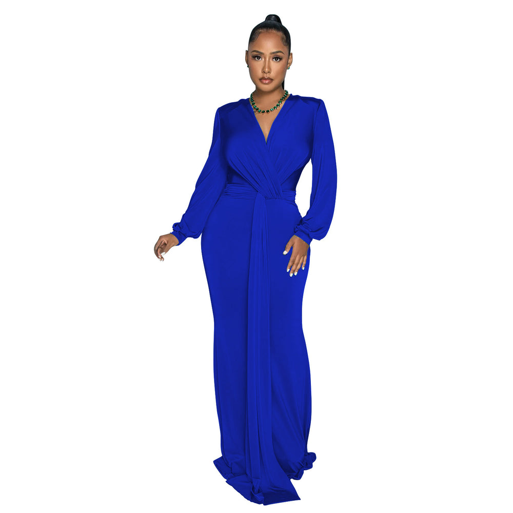 C6796 cross-border   fashion women's solid color sexy deep v ruched maxi dress