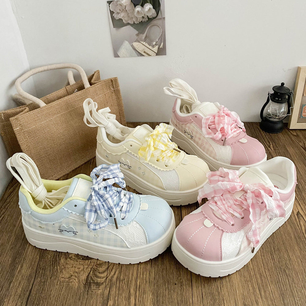 Blue korean style high-value plaid bowknot chunky sole sneakers women's 2026 summer new arrival niche campus white shoes