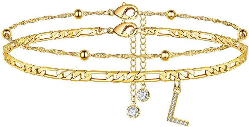 export hot-selling 26-letter anklet, zircon letter anklet, minimalist fashion seed bead cuban double-layer anklet