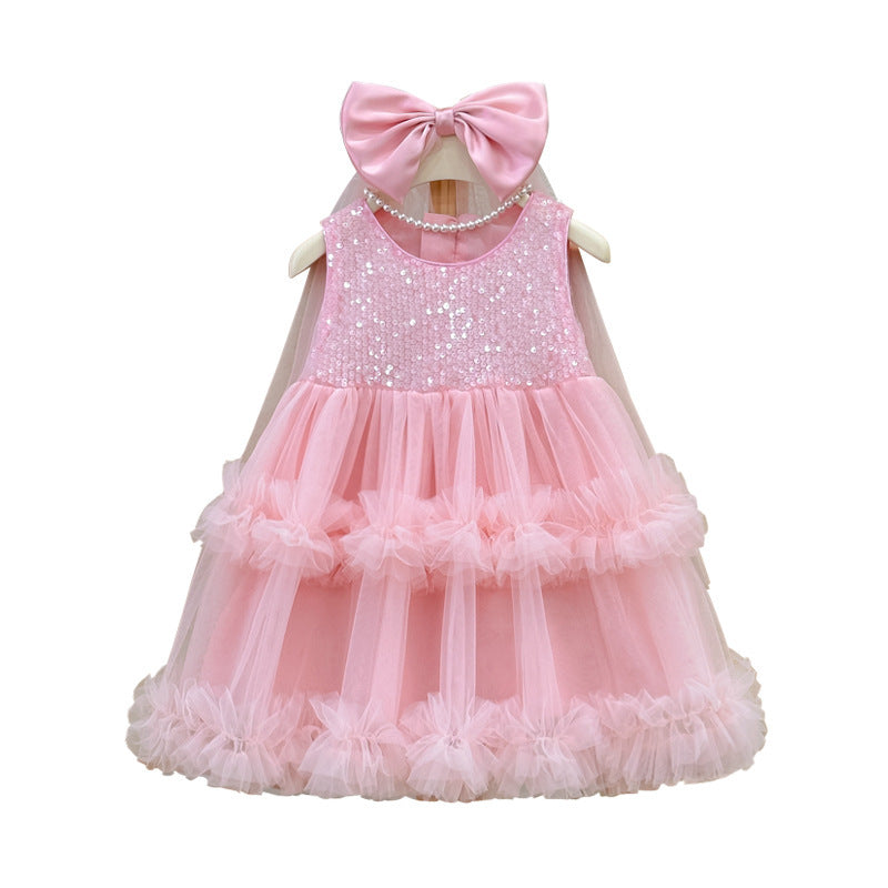 Girls' sequin mesh dress - new summer  style: chic tank dress, tiered cake dress, perfect birthday outfit for your daughter