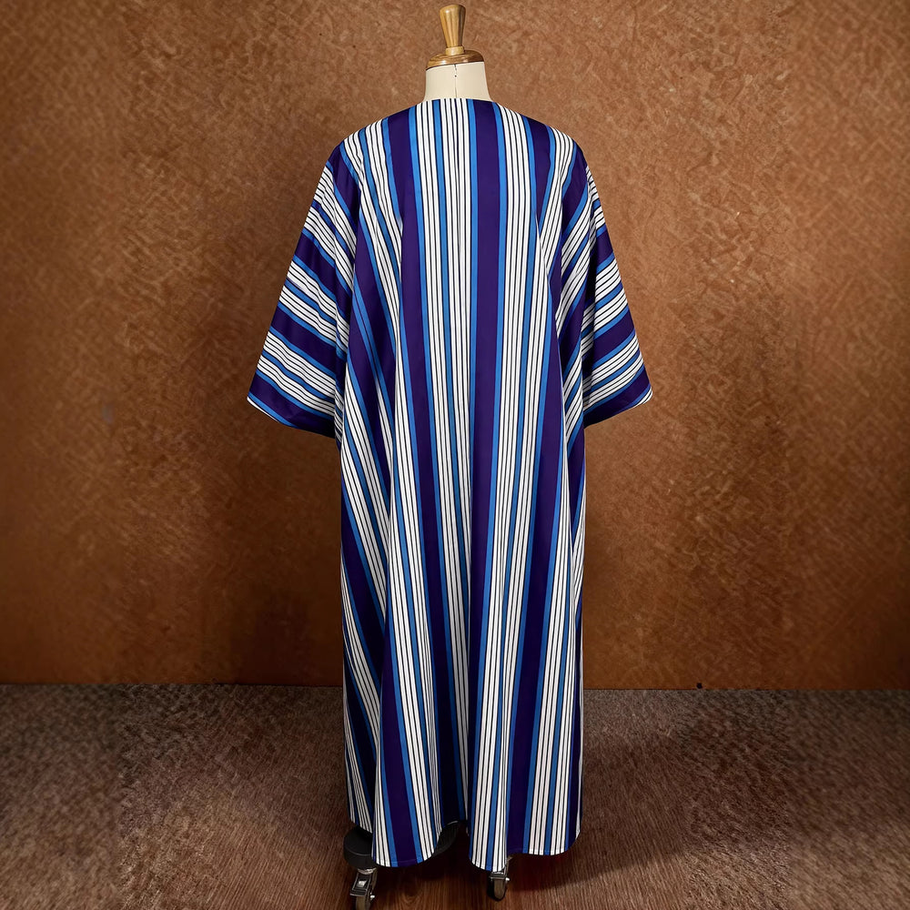 African ethnic striped dress - loose sleeve v-neck drawstring contrast color satin bubu robe dress