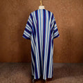 African ethnic striped dress - loose sleeve v-neck drawstring contrast color satin bubu robe dress