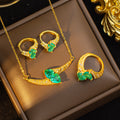 【set】european and american retro heavily engraved diamond-studded titanium steel emerald necklace, exquisite high-end light luxury earrings and ring set for women