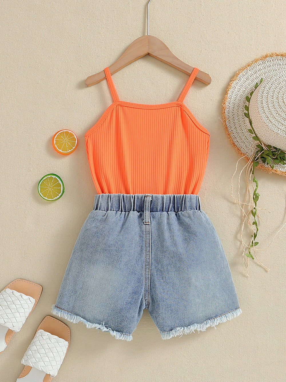 European and american cross-border girls' outfit: solid color camisole with embroidered romper and denim shorts - new summer collection for children