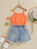 European and american cross-border girls' outfit: solid color camisole with embroidered romper and denim shorts - new summer collection for children
