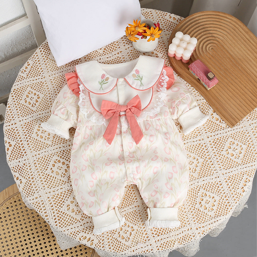 One-piece spring autum double-layer narcissus one-piece baby girl style autum princess khaki can go out and crawl