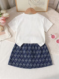 spring/summer new arrival: cross-border girls' knitted top with bear appliqué + denim skort two-piece set