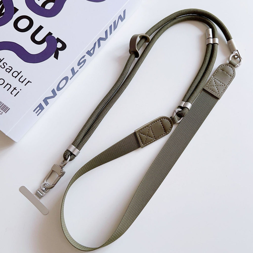 Trendy wide shoulder strap crossbody phone case lanyard with lambskin patchwork, adjustable strap, anti-lost chain for outdoor travel