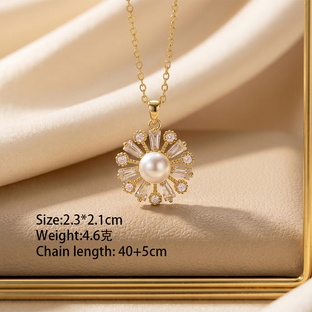 European and american hot-selling fashion zircon pearl necklace for women, lightweight luxury, niche, versatile, elegant, fashionable titanium steel clavicle chain jewelry