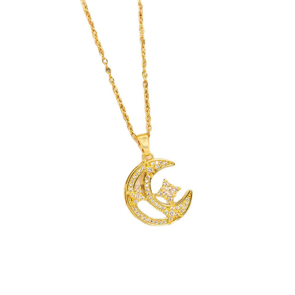 【titanium steel】korean & japanese style full diamond hollow star & moon necklace - women's lightweight luxury fashion new clavicle chain accessory