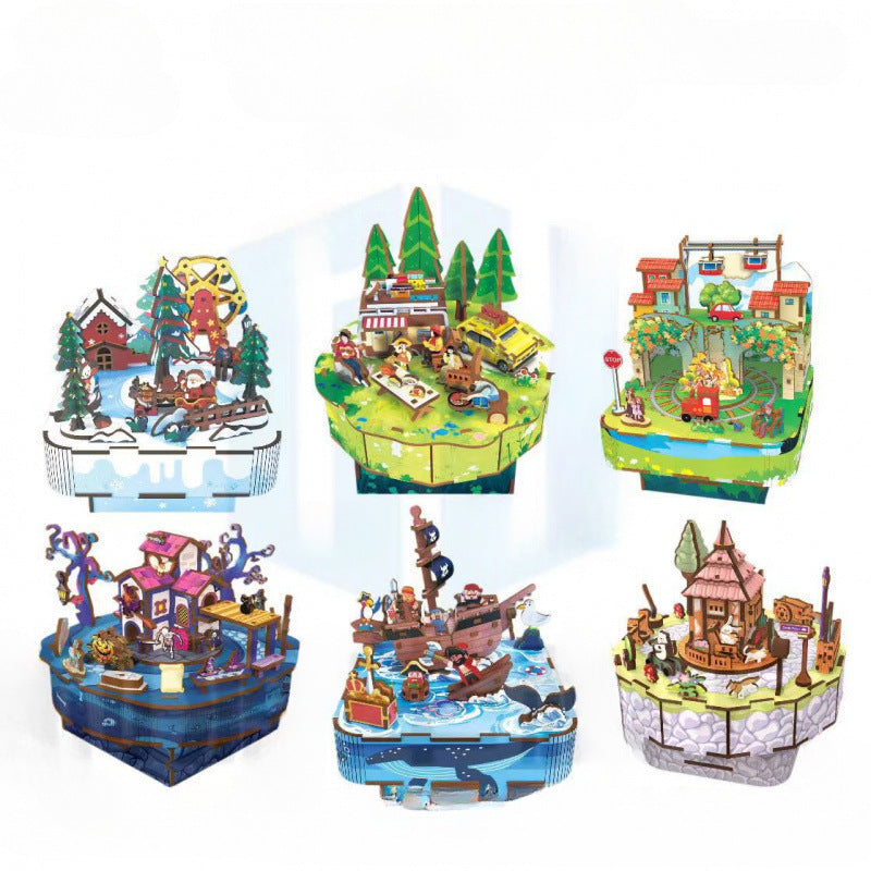 Cross-border export wooden splicing linkage scene educational toy fun smooth wood boy girl wooden music box