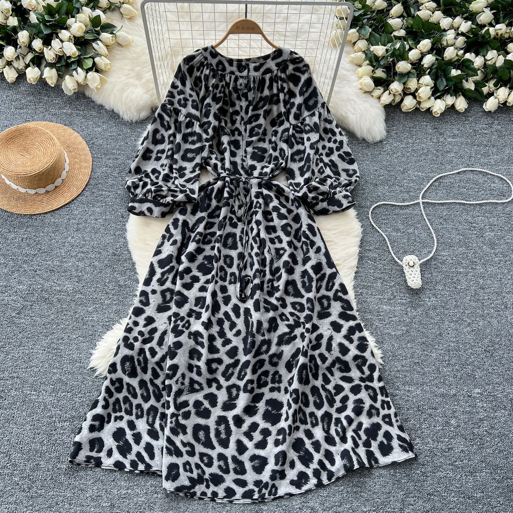Frenchretroniche styleprintingdress women's autum strap waist round neck lantern sleeve slimming looklong skirt
