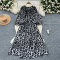 Frenchretroniche styleprintingdress women's autum strap waist round neck lantern sleeve slimming looklong skirt