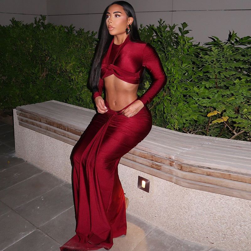 European and American  women's clothing solid color fashion sexy skirt set long sleeve long skirt round neck slim wear thin two-piece set
