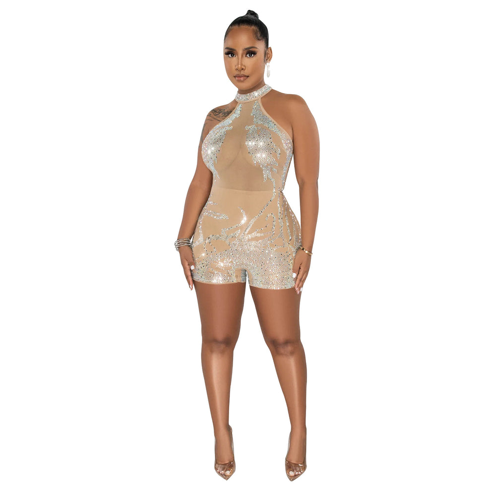 C6265 cross-border   fashion women's mesh see-through rhinestone sleeveless shorts jumpsuit