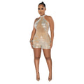 C6265 cross-border   fashion women's mesh see-through rhinestone sleeveless shorts jumpsuit