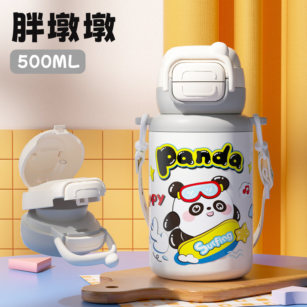 Cartoon kids double-drink bouncing cup - cute & fun student straw cup with portable strap - 316 stainless steel insulated tumbler