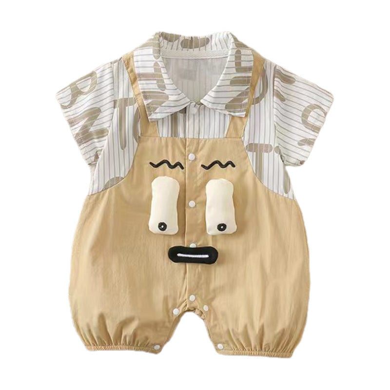 Baby clothes summer newborn full month hundred days bodysuit striped letter fake two-piece short romper