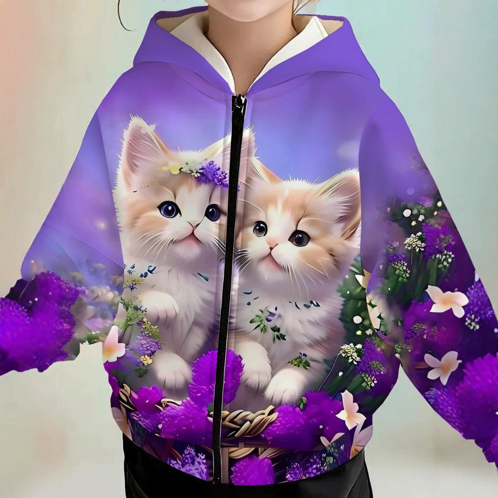 Kids' hoodie jacket, cute cartoon print girls' fashion zip-up, dropshipping available, adorable and sweet style