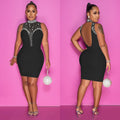 C6163 cross-border   fashion women's solid color hotfix rhinestone mesh see-through sleeveless dress