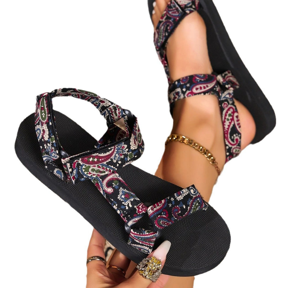 summer new arrivals: chunky sole canvas ethnic style women's peep-toe color block velcro beach sandals - plus size in stock
