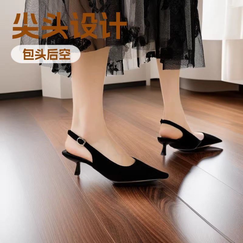 French pointed-toe stiletto sandals for women, 2026 new suede slingback heels, versatile mid-heel pumps, women's shoes