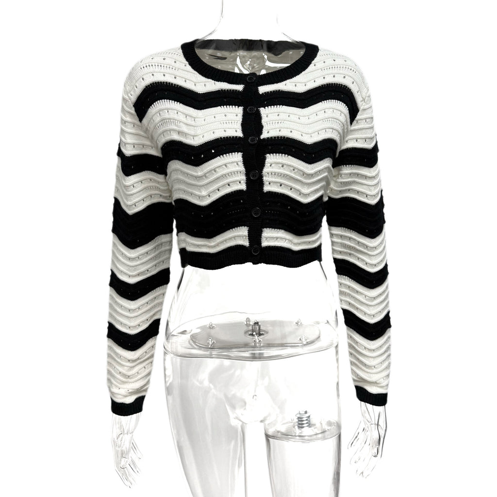 Europe, America and 2025 new women's clothing striped color matching temperament round neck hollow short knitted cardigan