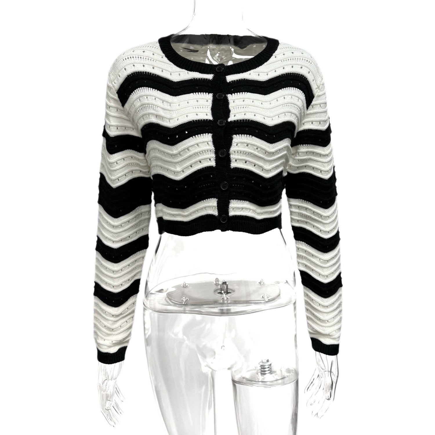 Europe, America and 2025 new women's clothing striped color matching temperament round neck hollow short knitted cardigan