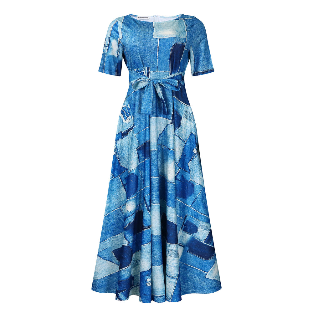 D3266 cross-border women's clothing  new fashion elegant lace-up african large size short-sleeved large swing foreign trade dress