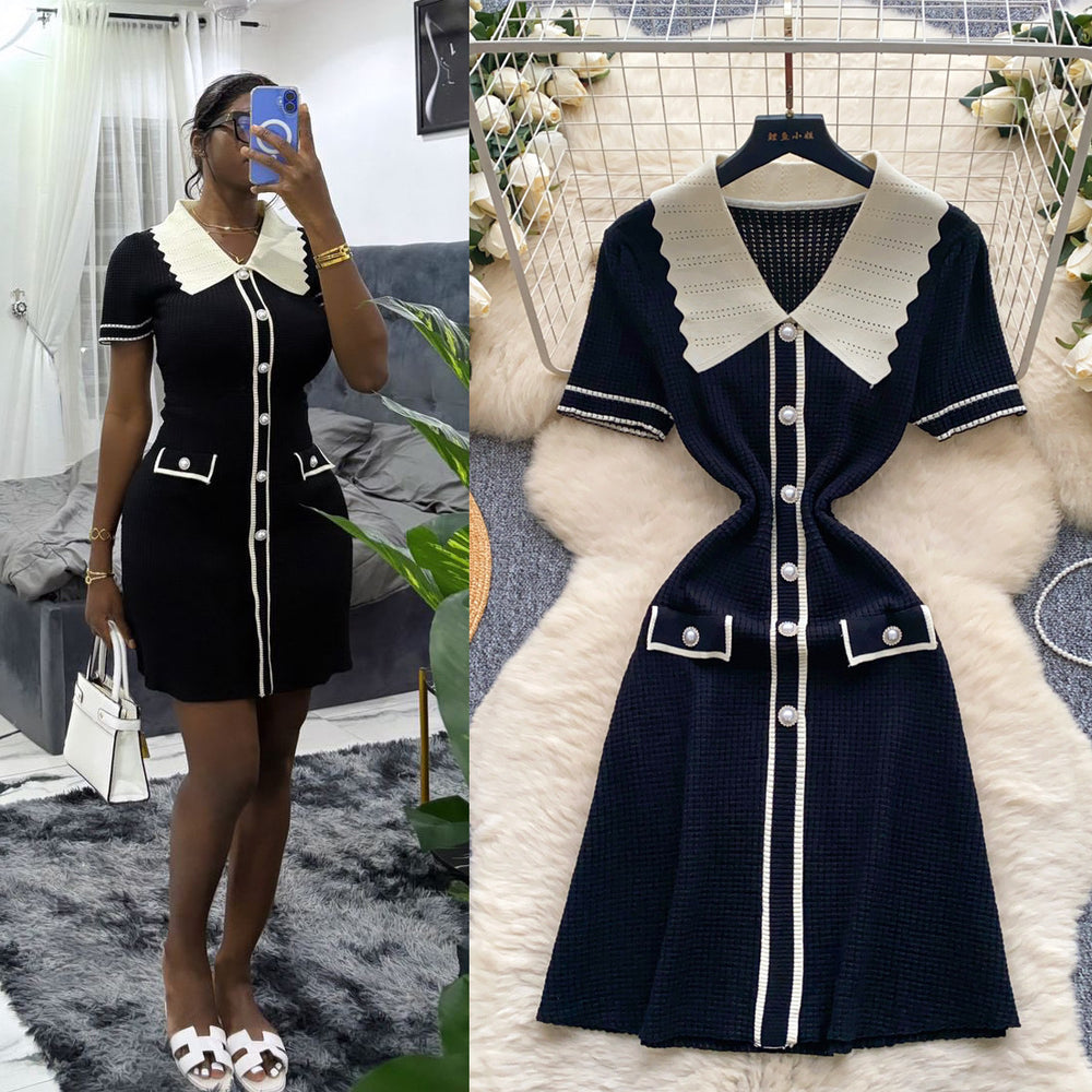 Frenchretrofashionablecontrast colorpolo collar short-sleeved dress women's summer metal buckle waist slimming lookknitting skirt