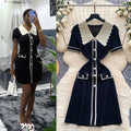 Frenchretrofashionablecontrast colorpolo collar short-sleeved dress women's summer metal buckle waist slimming lookknitting skirt