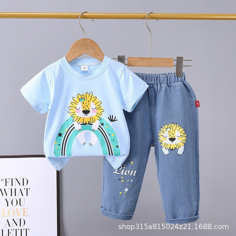 Summer new arrivals: toddler & kids' denim pants & cartoon print short sleeve two-piece set - multiple styles available