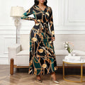 Women's elegant chain print v-neck tie-waist bodycon maxi dress, spring/autumn collection