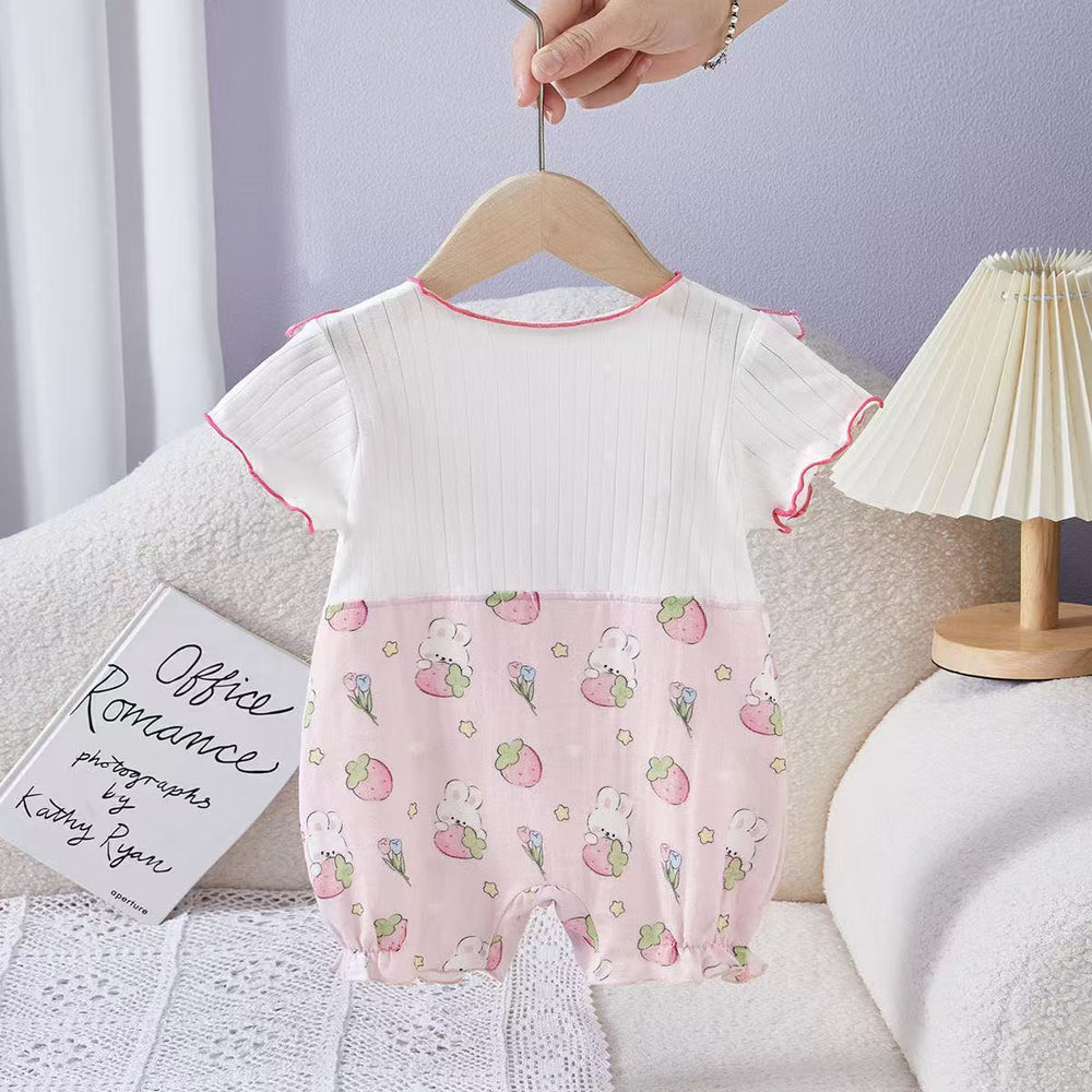 Baby girl summernew arrival short-sleeved jumpsuit girl summer clothes romper thin strawberry flying sleeves newborn jumpsuit