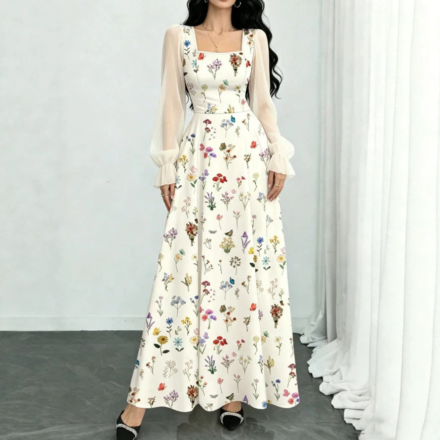 european and american new arrival: white base, multi-colored floral print, square neck, chiffon bubble long sleeve, cinched waist, maxi swing dress