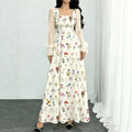 european and american new arrival: white base, multi-colored floral print, square neck, chiffon bubble long sleeve, cinched waist, maxi swing dress